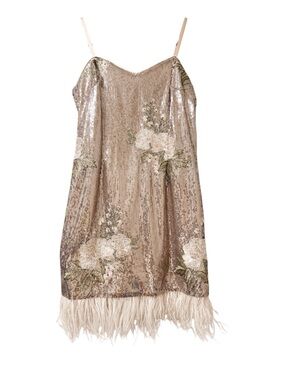 NWT Laundry by Shelli Segal Rose Gold Sequin Floral Appliqué Feather Hem Dress